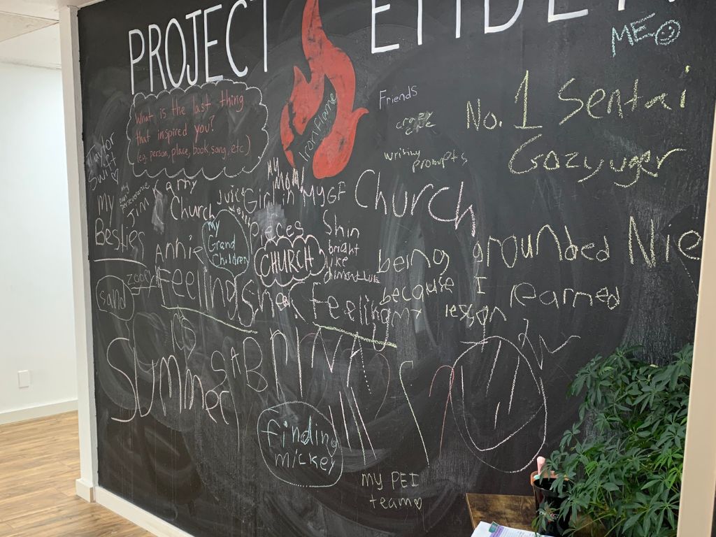 Chalkboard wall with writing prompt and answers from clients